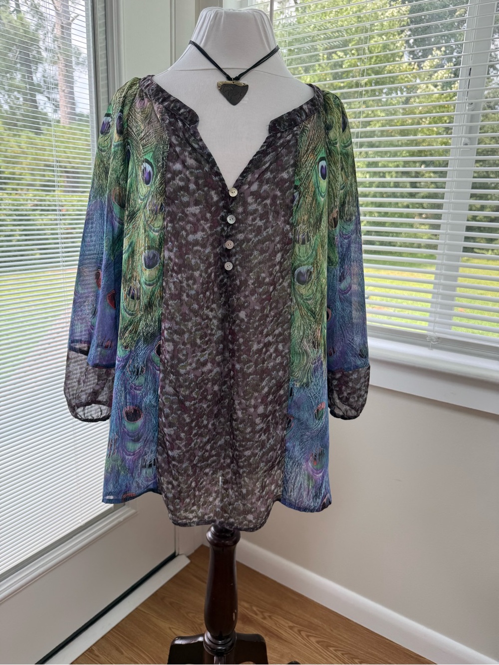 Anthropology Fig and Flower Peacock Feather Print Sheer Blouse Top